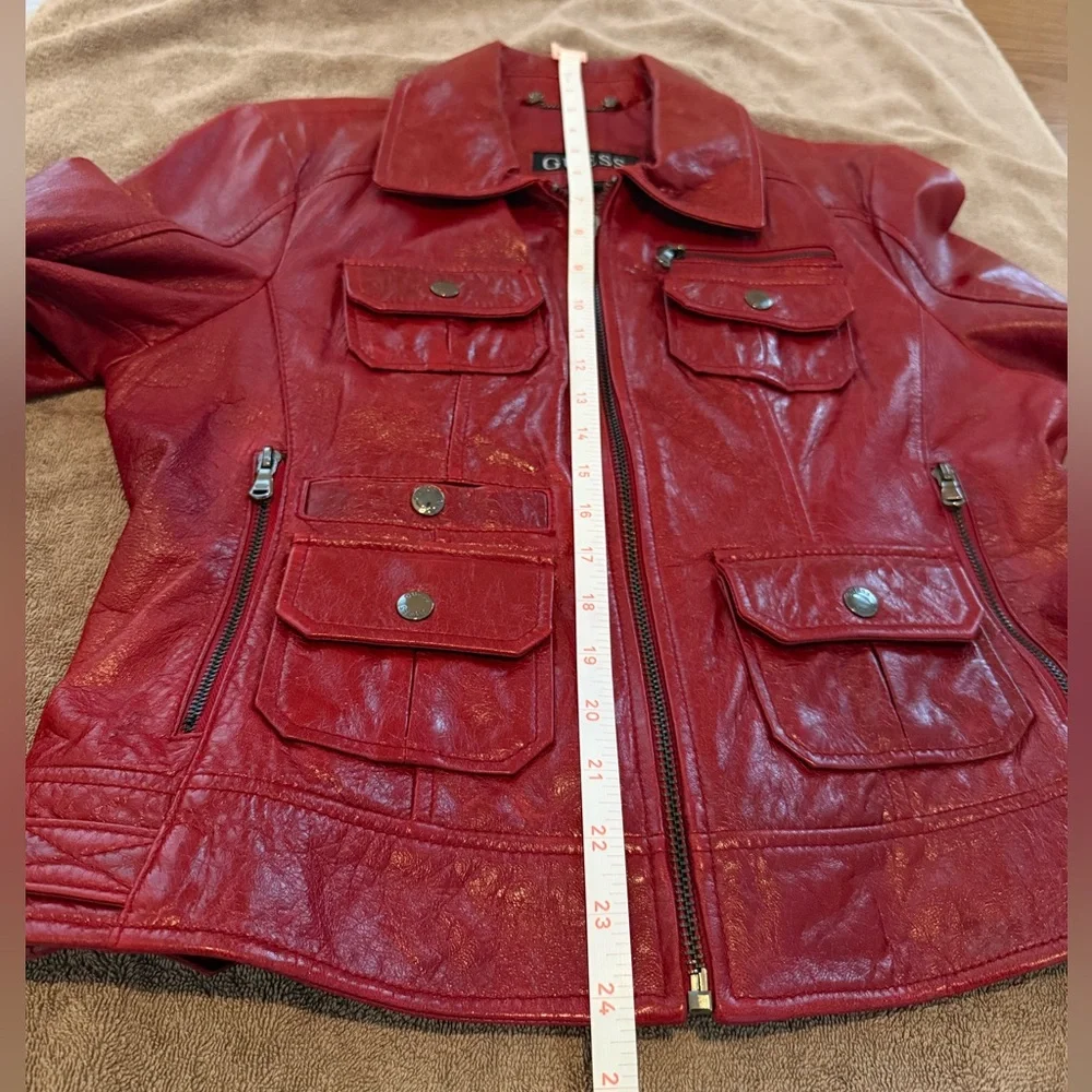 Women's Vintage Guess Los Angeles Maroon Red Leather Jacket Multi Pockets Large - Picture 11 of 15